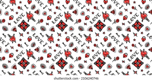 Old school tattoo seamless pattern with love symbols. Design For Valentines Day, Stilts, Wrapping Paper, Packaging, Textiles