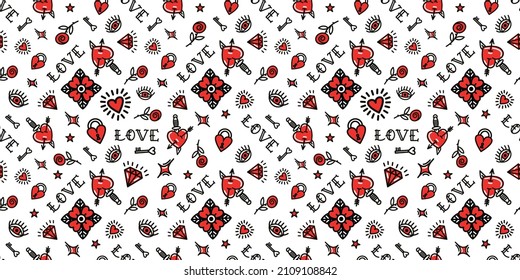 Patrón sin fisuras del tatuaje de la vieja escuela con símbolos de amor. Diseño Para El Día De San Valentín, Stilts, Papel De Envoltura, Empaquetado, Textiles