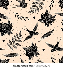 Old school tattoo seamless pattern. Pattern with Love Elements. 