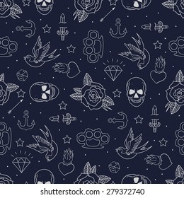 Old School Tattoo Seamless Pattern. Cartoon Vector Tattoo Doodle Elements: Anchor, Dagger, Skull, Flower, Star, Heart, Diamond, Swallow, Star, Brass Knuckles . Dark Background