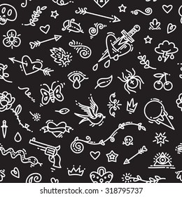 Old School Tattoo Seamless Pattern on Dark. Editable pattern in swatches.