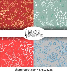 Old school tattoo seamless pattern set. Cartoon vector  elements in funny style:anchor, dagger, skull, flower, star, heart, diamond, scull and swallow. Doodle in exercise book style