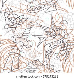 Old school tattoo seamless pattern. Cartoon vector  elements in funny style:anchor, dagger, skull, flower, star, heart, diamond, scull and swallow. Doodle in exercise book style