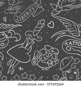 Old school tattoo seamless pattern. Cartoon vector  elements in funny style:anchor, dagger, skull, flower, star, heart, diamond, scull and swallow. Doodle in exercise book style