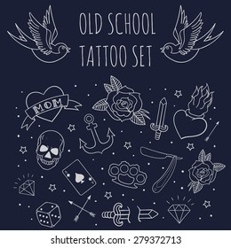 Old school tattoo set. Cartoon vector tattoo doodle elements: anchor, dagger, skull, flower, star, heart, diamond, swallow, star, brass knuckles . Dark background