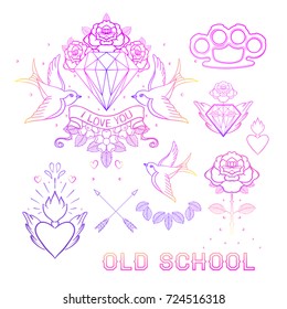 Old school tattoo set. Classic vector tattoo doodle elements: flower, sacred heart, diamond, swallow, brass knuckles. Traditional Tattooing Style Drawing Collection. Sticker, patch, pin design.