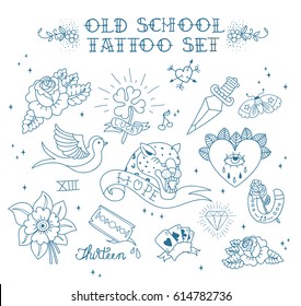 Old school tattoo set. Tattoo Collection: dagger, flower, star, clover, leopard, blade, heart, diamond, swallow, star, horseshoe. Vector illustration.