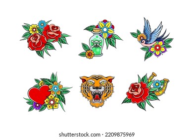 Old School Tattoo Set. Colorful Bright Vintage Design Tattoos With Rose Flowers, Swallow, Heart, Potion Bottle Hand Drawn Vector Illustration