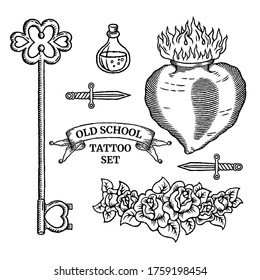 Old school tattoo set with heart, flowers, bottle icon, knife, key with header in classic black and white retro style