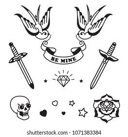 Old school tattoo set: knife, rose, swallows, skull, ribbon
