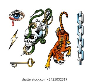 Old school Tattoo set. Snake in the skull, dagger, chain and tiger in rock style. Engraved hand drawn vintage retro sketch for notebook or logo or t-shirts.