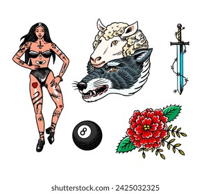 Conjunto de tatuajes de la vieja escuela. Mujer, flor, espada y Lobo en piel de cordero en estilo rock. Esbozo retro vintage dibujado a mano grabado para cuaderno o logotipo o camisetas.