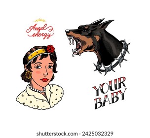 Old school Tattoo set. Woman and doberman dog in rock style. Engraved hand drawn vintage retro sketch for notebook or logo or t-shirts.