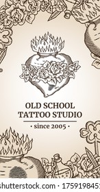 Old school tattoo social media banner with heart, flowers, bottle icon, knife, key with header in classic brown and beige retro style