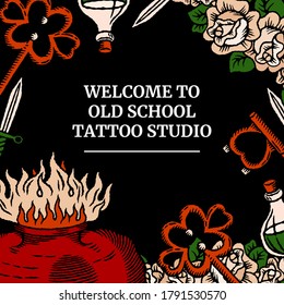 Old school tattoo social media banner with heart, flowers, bottle icon, knife, key with header in classic retro style. Black, red, orange, green and beige colors.