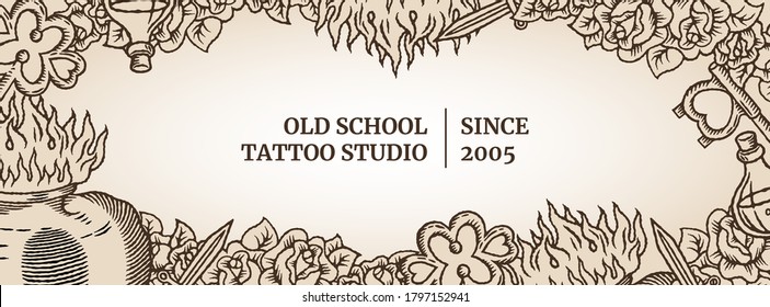 Old school tattoo social media template banner with heart, fire, bottle, knife and keys in classic retro style. Brown and beige colors.