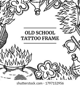 Old school tattoo social media template banner with heart, fire, bottle, knife and keys in classic retro style. Black and white colors.