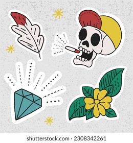 Old school tattoo sticker set colored art design