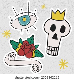 Old school tattoo sticker set colored art design