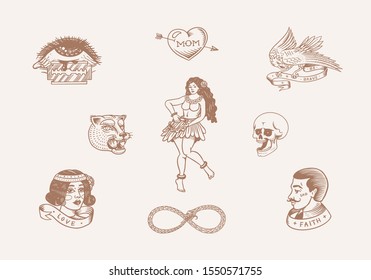 Old school Tattoo stickers set. Hawaiian hula dancer woman, hipster man, lighthouse, panther, skull and snake. Engraved hand drawn vintage retro sketch for notebook or logo.