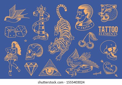 Old school Tattoo stickers set. Hawaiian hula dancer woman, hipster man, lighthouse, panther, skull and snake. Engraved hand drawn vintage retro neon sketch for notebook or logo.