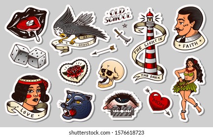 Old school Tattoo stickers set. Hawaiian hula dancer woman, lighthouse, panther, skull and snake. Engraved hand drawn vintage retro sketch for notebook or logo.