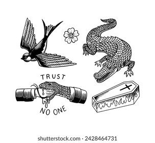 Old school Tattoo stickers set. Swallow and crocodile, handshake and snake. Engraved hand drawn vintage retro sketch for notebook or logo.