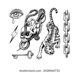 Old school Tattoo stickers set. Tiger and chain, sword and snake in the skull, eye and key. Engraved hand drawn vintage retro sketch for notebook or logo.