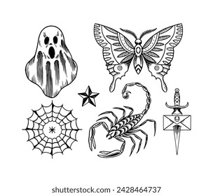 Old school Tattoo stickers set. Ghost and butterfly, scorpion and dagger. Engraved hand drawn vintage retro sketch for notebook or logo.