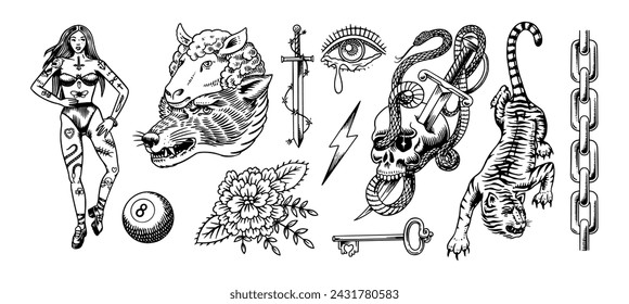 Old school Tattoo stickers set. Woman and Wolf in sheep's clothing. Tiger and chain, sword and snake in the skull. Engraved hand drawn vintage retro sketch for notebook or logo.