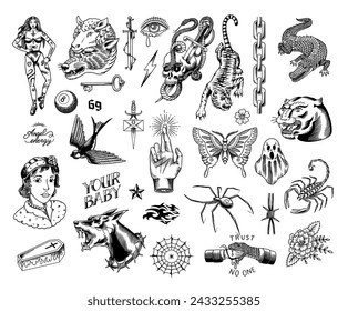 Old school Tattoo stickers set. Woman, crocodile, doberman dog, swallow, snake and handshake, ghost, scorpion, butterfly, spider, panther and hope gesture. Engraved hand drawn vintage sketch.