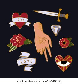 Old school tattoo style enamel pins set. Vector elements.