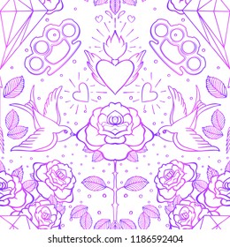 Old school tattoo style seamless pattern. Classic vector tattoo doodle elements: flower, sacred heart, diamond, swallow, brass knuckles. Traditional Tattooing inspired. Wrapping paper, textile.