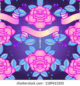 Old school tattoo style seamless pattern. Classic vector tattoo doodle elements: rose flowers and ribbons. Traditional Tattooing inspired. Wrapping paper, textile.