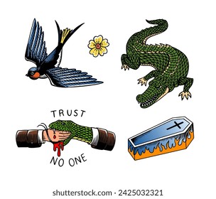 Old school Tattoo. Swallow, alligator, crocodile, snake bites hand, handshake and grave on fire. Engraved hand drawn vintage retro sketch for notebook or logo or t-shirts.