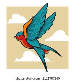 Old school tattoo swallow bird flying in clouds. Dotwork style vector art. 