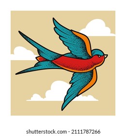 Old school tattoo swallow bird flying in clouds. Dotwork style vector art. 