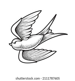 Old school tattoo swallow bird isolated on white. Dotwork style vector art. 