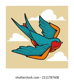 Old school tattoo swallow bird flying in clouds. Dotwork style vector art. 