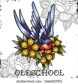 Old school tattoo. Swallow tattoo with flower. Hipster, youth old school picture for boys and girls. Vector isolated