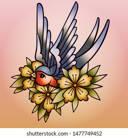Old school tattoo. Swallow tattoo with flower. Hipster, youth old school picture for boys and girls. Vector isolated