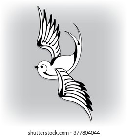 Old School Tattoo Swallow. Sparrow Tattoo In Old School Style. Retro Rockabilly Tattoo Bird Character.