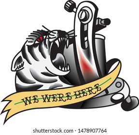 old school tattoo symbol with tattoo machine and tiger 