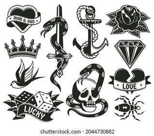 Old school tattoo symbols, heart, knife, knot, roses. Retro tattooing elements snake, crown and dice symbols vector illustration set. Vintage engraving tattoos spider and dice, love and snake