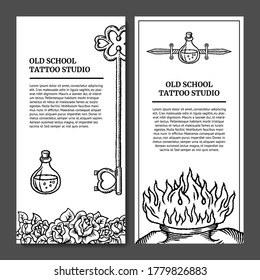 Old school tattoo template with heart, roses, knife, glass bottle, key with outline and shadow in black, white and grey colors in retro style