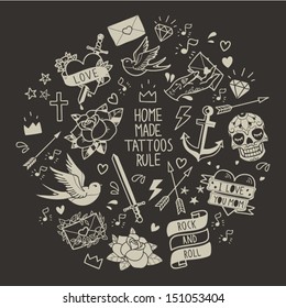 Old School Tattoo Vector Elements. Cartoon Tattoos  In Funny Style: Anchor, Dagger, Skull, Flower, Star, Heart, Diamond, Scull And Swallow 