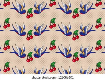 Old school tattoo, vector Illustration, pattern with swallows and cherries.