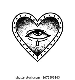 Old school tattoo vector print. Crying eye in a classic heart.