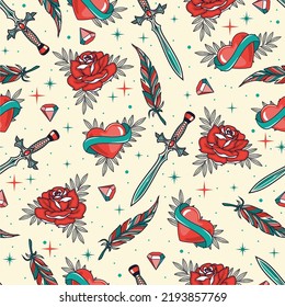 Old school tattoo vector seamless pattern with roses, hearts, feathers, and daggers. Retro illustration.