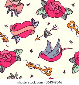 Old school tattoo vector seamless pattern with roses, hearts, birds, keys and arrows. Valentines day or wedding design.